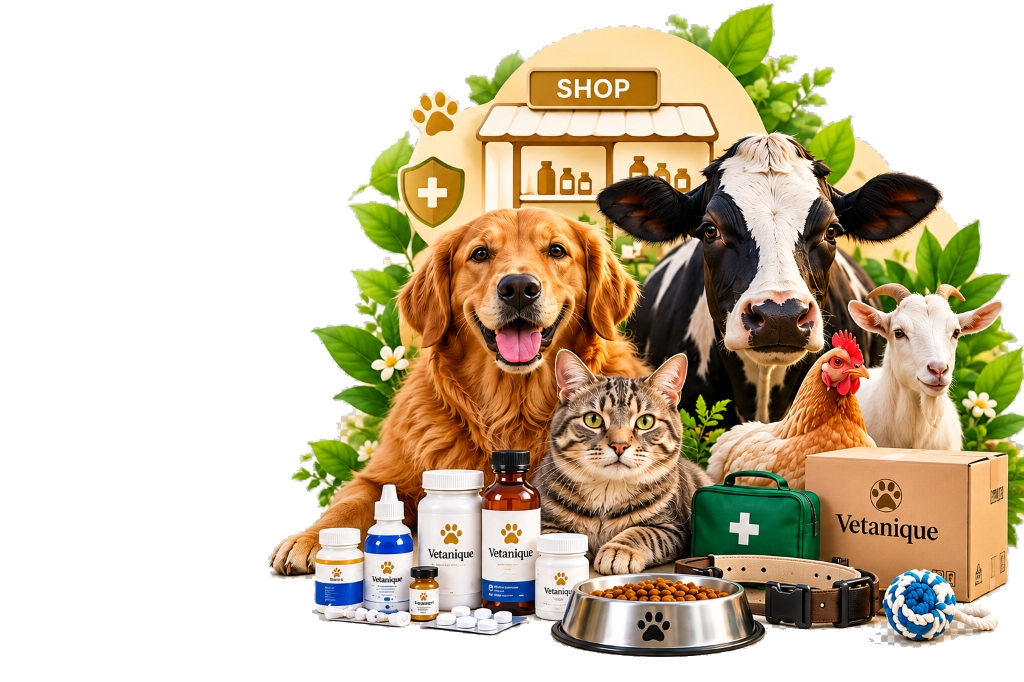 Vetanique veterinary shop with healthy pets, livestock, medicines, bowls and food