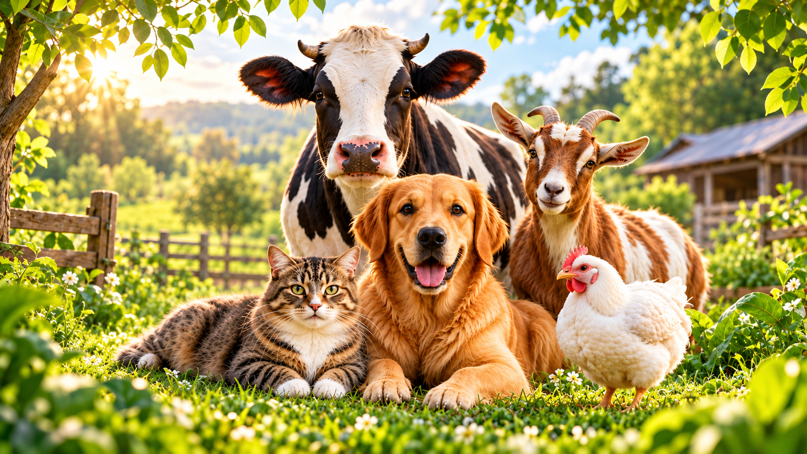 A dog, cat and chicken together on a farm, with a cow in the background