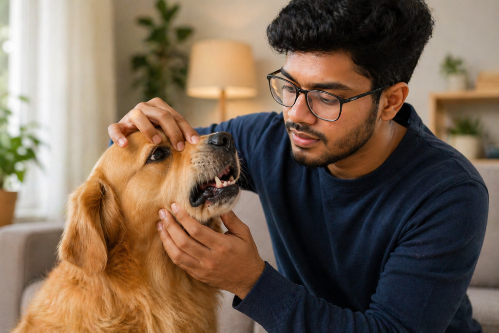 owner checking signs dog is sick at home
