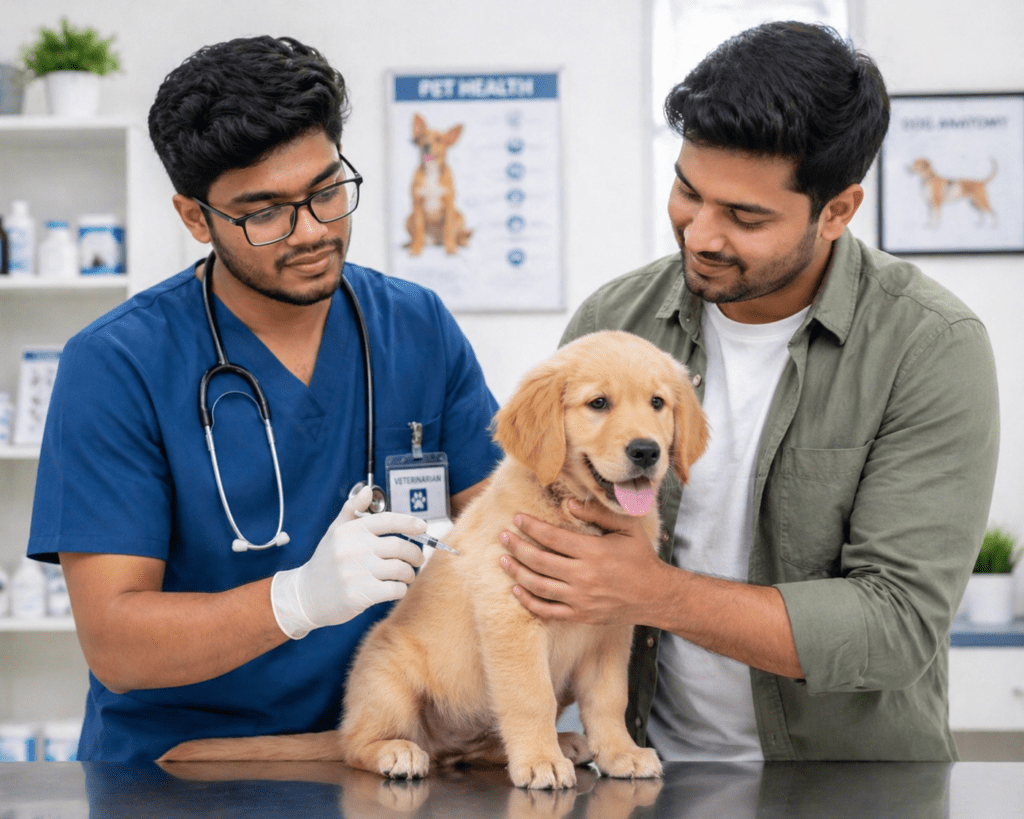vet giving puppy vaccination at clinic