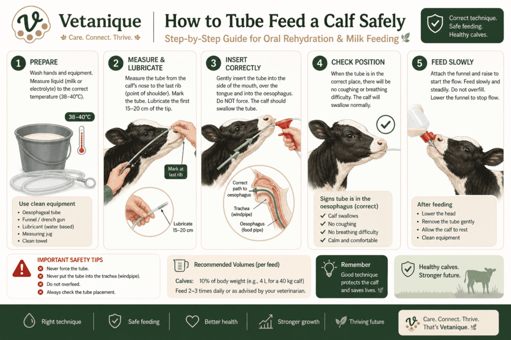 Oral tube feeding calf