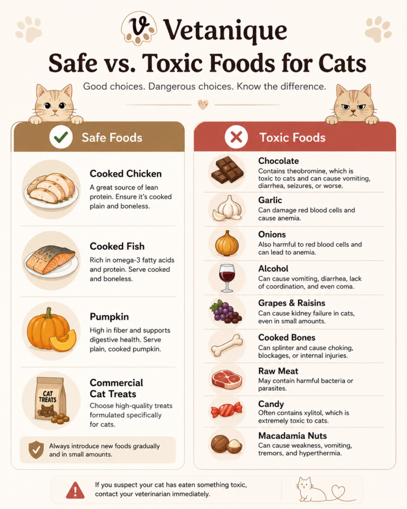 Safe versus unsafe foods for cats comparison chart.